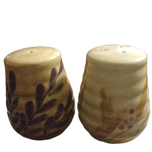 Painted Ceramic LG. Salt & Pepper Shakers Beehive Shaped Tan with Floral Design